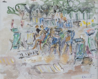 null René HAMIOT (1912-1975)
Baigneuses et chaises longues sur la plage 
Technique...