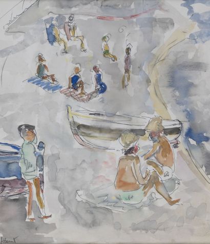 null René HAMIOT (1912-1975)
Conversation en bord de mer 
Aquarelle et encre, signée...