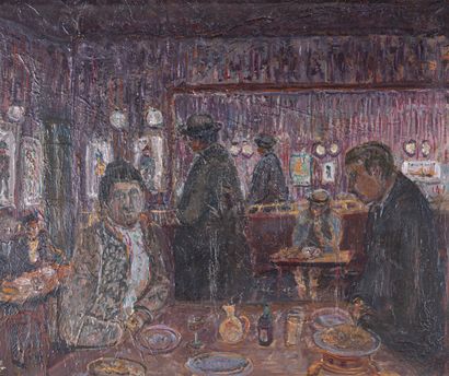 null René HAMIOT (1912-1975)
Repas dans le vieux restaurant
Huile sur toile, portant...