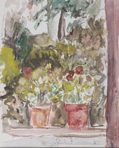 null René HAMIOT (1912-1975)
Fleurs en pot 
Aquarelle, signée en bas à droite 
H....