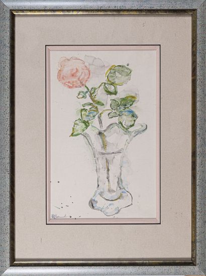 null René HAMIOT (1912-1975)
Rose dans un vase de verre 
Aquarelle, portant le cachet...