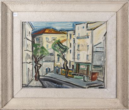 null René HAMIOT (1912-1975)
Café d'un petit village du midi
Huile sur carton, portant...