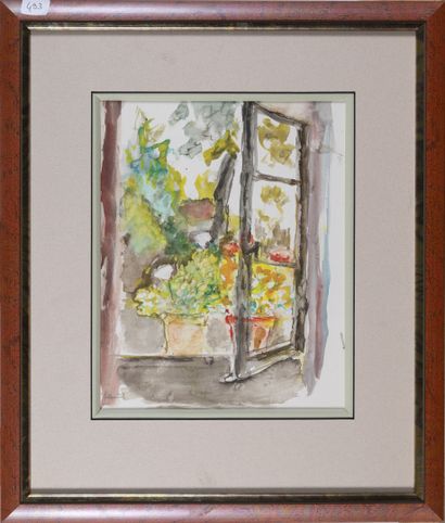 null René HAMIOT (1912-1975)
La fenêtre 
Aquarelle, signée en bas à gauche 
H.24,5...