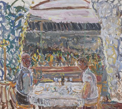 null René HAMIOT (1912-1975)
Le déjeuner sur la terrasse
Gouache, signée en bas à...