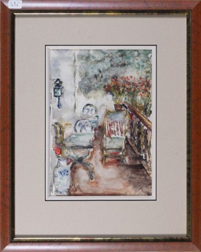 null René HAMIOT (1912-1975)
Terrasse fleurie
Aquarelle, signée en bas à droite 
H.23,5...