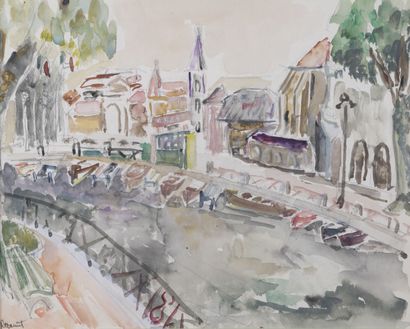 null René HAMIOT (1912-1975)
Canal dans la ville 
Aquarelle et mine de plomb, signée...