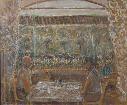 null René HAMIOT (1912-1975)
Le déjeuner sous la tonnelle 
Huile sur toile, portant...