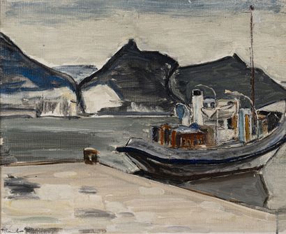 null René HAMIOT (1912-1975)
Bateau au port
Huile sur carton toilé, portant le cachet...