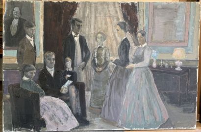 null René HAMIOT (1912-1975)
Une grande famille
Huile sur toile, signée au dos, titrée...