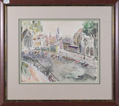 null René HAMIOT (1912-1975)
Canal dans la ville 
Aquarelle et mine de plomb, signée...