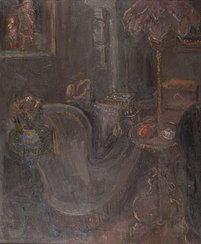null René HAMIOT (1912-1975)
La lecture au salon
Huile sur toile, portant le cachet...