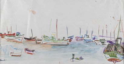 null René HAMIOT (1912-1975)
Bateau de pêche au port 
Aquarelle, portant le cachet...