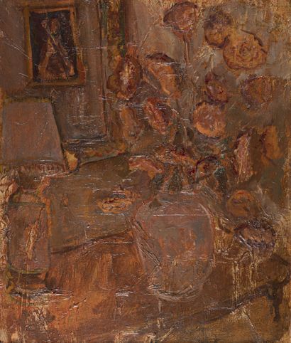 null René HAMIOT (1912-1975)
Vase de fleurs dans un intérieur brun 
Huile sur toile,...