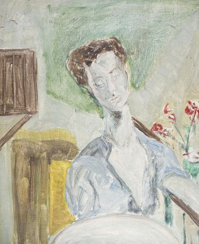 null René HAMIOT (1912-1975)
Femme au bouquet de fleurs 
Huile sur toile, signée...