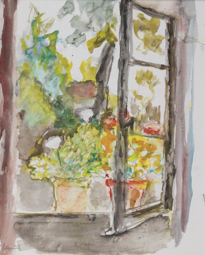 null René HAMIOT (1912-1975)
La fenêtre 
Aquarelle, signée en bas à gauche 
H.24,5...