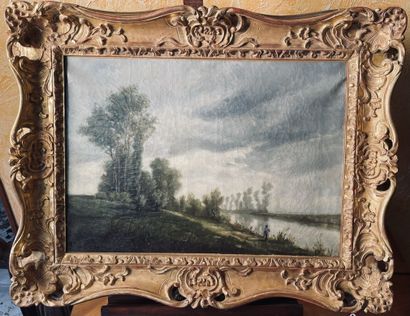 null École FRANÇAISE du XIXe siècle, vers 1880
"Paysage à la rivière"
Huile sur toile.
Porte...