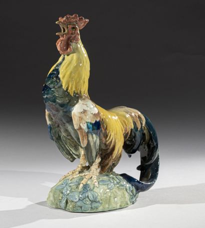 null Edmond LACHENAL (1855 - 1948)
« Coq chantant ». Sujet en céramique émaillée...