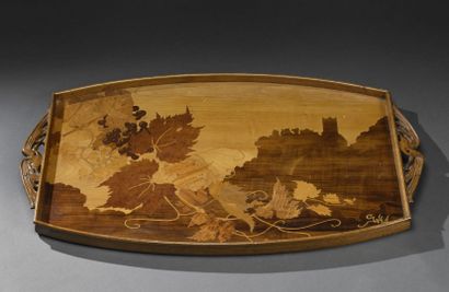 null Emile GALLE (1846 - 1904) 
Tray with a curved rectangular body in molded walnut...
