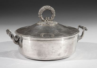 Round covered silver vegetable dish with...