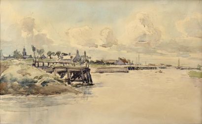 Louis CHERVIN (1905-1969) L'entrée au Port de Gravelines (Mer du Nord) Aquarelle...