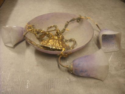 SCHNEIDER Lustre en verre marbré violet à quatre tulipes et une vasque éclairante...