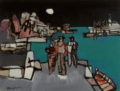 Jean-Claude DRAGOMIR (1931- 1965) Promeneurs sur la jetée au clair de lune Gouache...