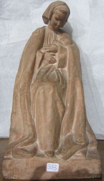 Simone SAUTET (XXe siècle) Mère à l'enfant Statue en terre cuite signée sur le socle...