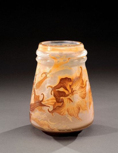 Émile GALLÉ (1846-1904) Beau vase en verre doublé brun parme à décor de datura sur...