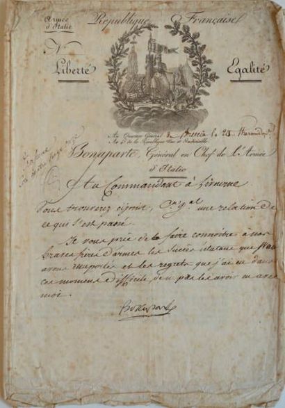 Napoléon Bonaparte Lettre signée au général Hulin, commandant à Livourne. Q. G. de...