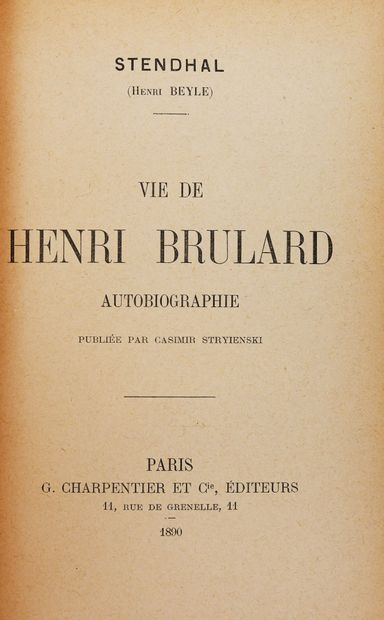  STENDHAL. LA VIE DE HENRI BRULARD. Paris, Charpentier, 1890. In-12 demi maroquin... Gazette Drouot
