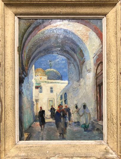 null Pieretto BIANCO (1875-1937), Attribué à
Tunis, Rue el Khomsa
Huile sur panneau,...