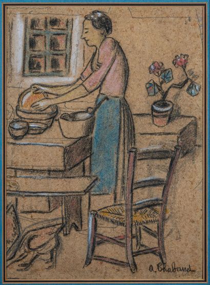  Auguste CHABAUD (1882-1955)
La cuisinière
Pastel et fusain sur carton, signé en... Gazette Drouot