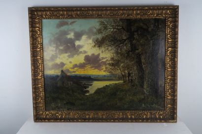 null L. GOURDON (XXe siècle)
Crépuscule au bord d'un étang
Huile sur toile, signée...