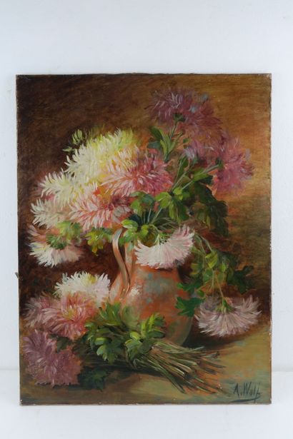 null Andéal WOLF (1859-1932)
Bouquet de dahlias dans un pichet
Huile sur toile, signée...