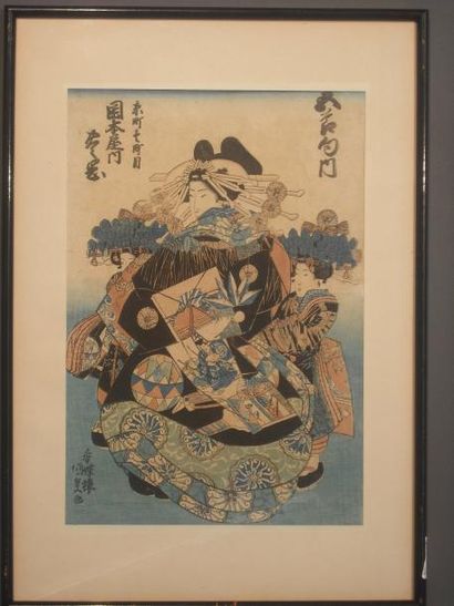 Kunisada (1786-1864) Oban tate-e représentant une oiran vêtue d'un riche kimono et...
