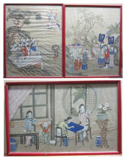 CHINE, début du XXe siècle Scènes de la vie quotidienne d'un notable Trois peintures...