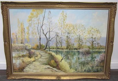 Paulette GENET (1892- 1983) Inondation en Bourgogne Huile sur toile signée en bas...