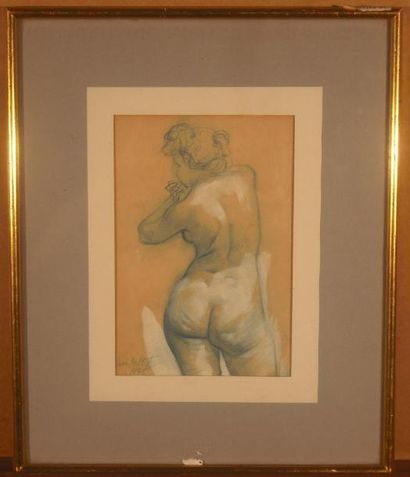 Louis MALTESTE (1870-1920) Femme nue de dos Crayon bleu, rehauts de blanc, signé...