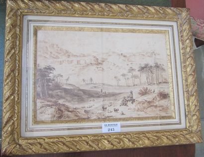ECOLE ORIENTALISTE, XIXe siècle Paysage animé de bergers Pierre noire, encre et lavis...
