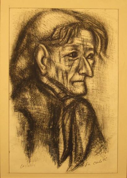 Jean-Albert CARLOTTI (1909-2003) Portrait d'une vieille dame Plume et fusain Signée...