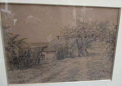 Ennemond DREVET (1886 -?) La ferme Fusain signé en bas à gauche H. 29,5 cm L. 40...
