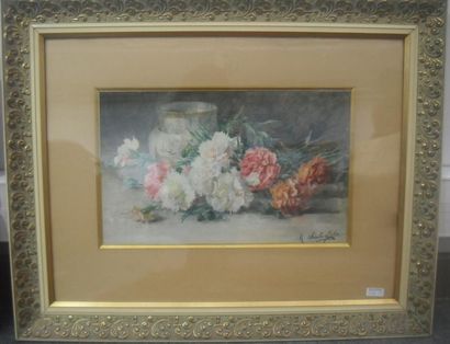 Marie SAUBIEZ-EUBER (XIXe-XXe) Jeté de fleurs Aquarelle signée en bas à droite H....