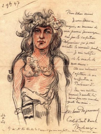 Jean-Louis PAGUENAUD (1876-1952) Polynésienne Sanguine et fusain sur papier H. 21... Gazette Drouot
