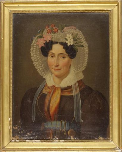 ECOLE ANGLAISE DU XIXe SIÈCLE Dame à la capeline fleurie Huile sur toile H. 59 cm...