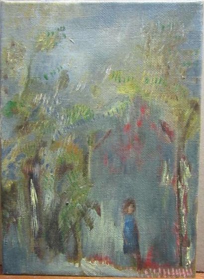 Diane de BOURNAZEL (XXe siècle) "Sous les arbres" Huile sur toile H. 22 cm L. 15,5...