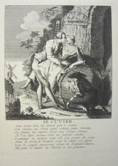 École FRANÇAISE du XVIIIe siècle Le Cuvier Gravure en noir H. 16 cm L. 12 cm (la...