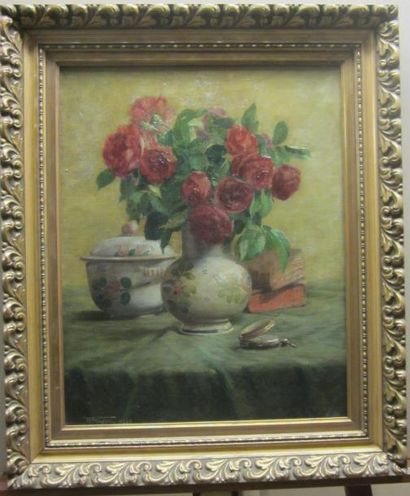 Henry FRUGIER (née 1876) Roses rouges Huile sur toile signée en bas à gauche et datée...
