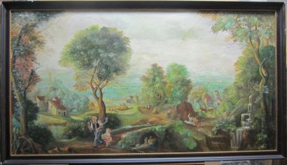 Ernest RIANDEL**** Paysage animé Huile sur toile signée en bas à droite H. 70 cm...