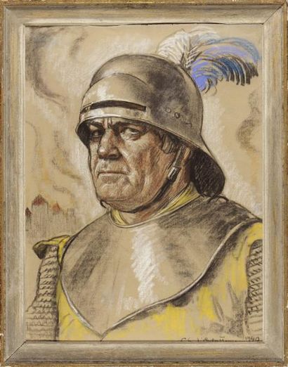 Charles L'Eplattenier (1874-1946) Un chevalier en armure Pastel sur papier, signé...
