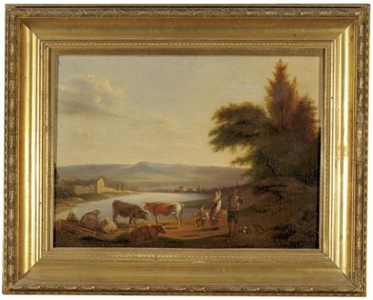 École Française du XIXe siècle Paysage animé Huile sur toile H. 30,5 cm L. 42 cm...